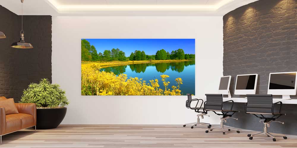 large-size-decor-14140-03 Sarı Çiçeklerle Çevrili Sakin Göl Manzarası Büyük Ebat Duvar Dekor Ürünü 14140