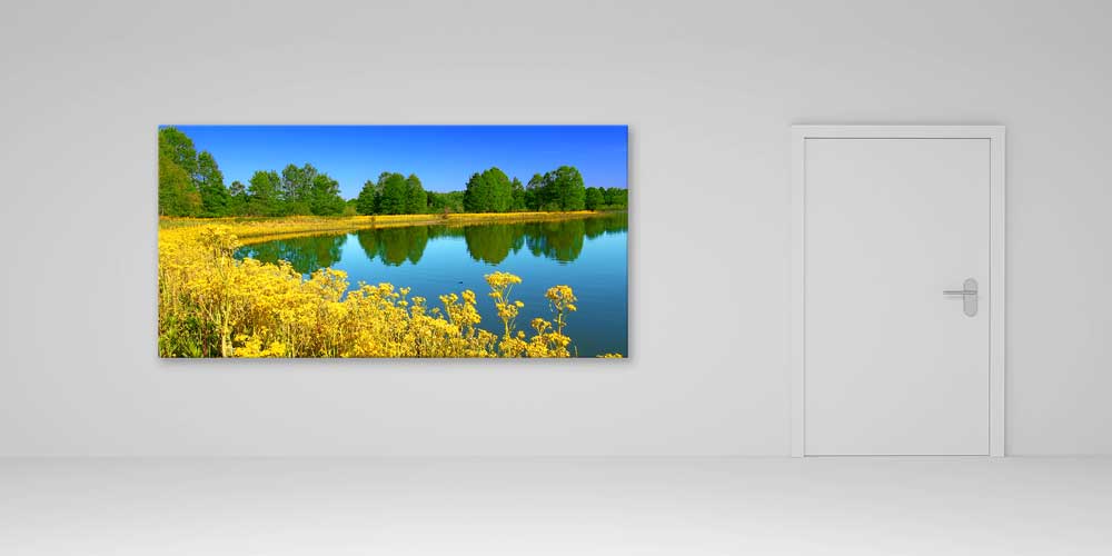 large-size-decor-14140-04 Sarı Çiçeklerle Çevrili Sakin Göl Manzarası Büyük Ebat Duvar Dekor Ürünü 14140