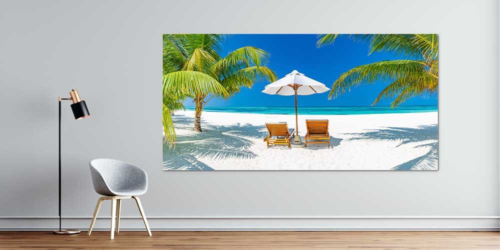 Tropik Sahilde Şezlong ve Şemsiye Büyük Ebat Duvar Dekoru 14081