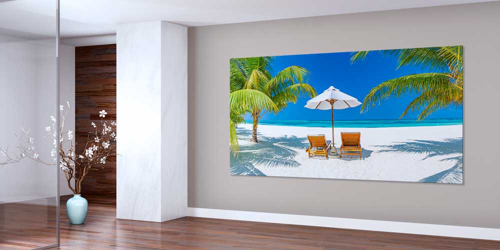 Tropik Sahilde Şezlong ve Şemsiye Büyük Ebat Duvar Dekoru 14081