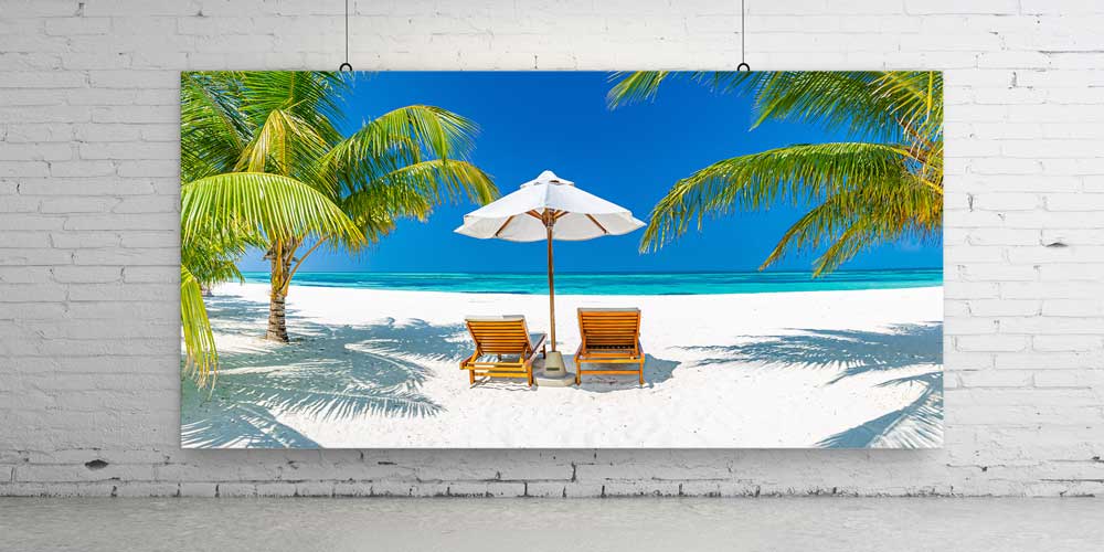 Tropik Sahilde Şezlong ve Şemsiye Büyük Ebat Duvar Dekoru 14081
