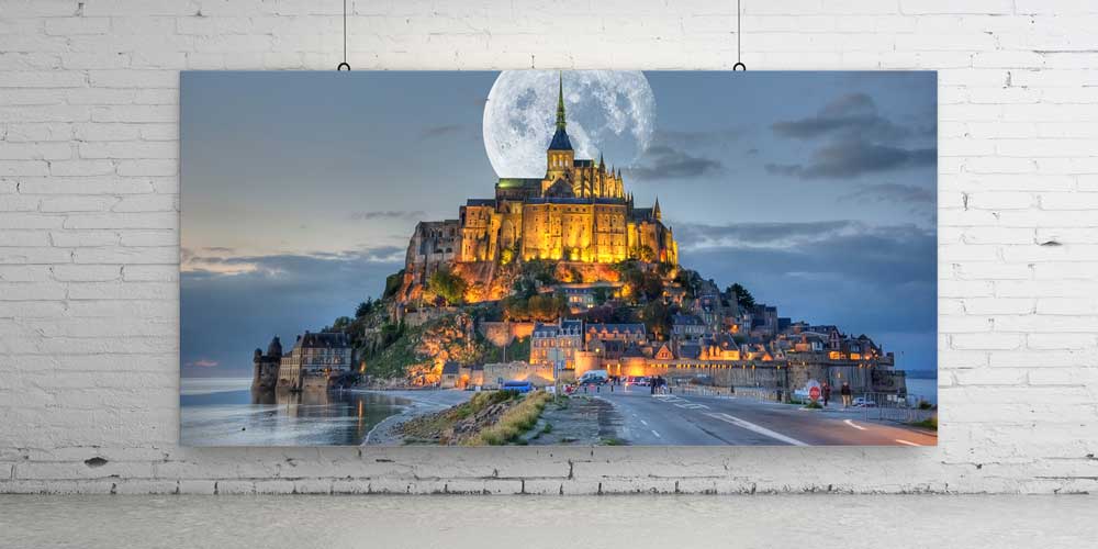 Mont Saint Michel Ay Manzarası Gece Panoramik Büyük Ebat Duvar Dekoru 14199