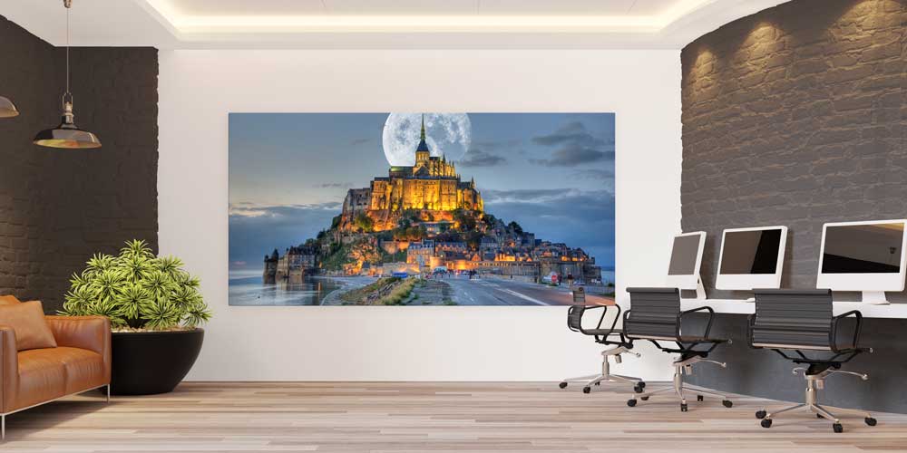 Mont Saint Michel Ay Manzarası Gece Panoramik Büyük Ebat Duvar Dekoru 14199