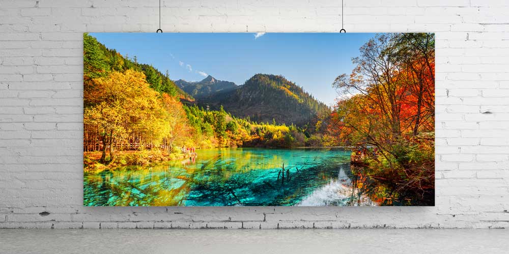large-size-wall-design-14044-02 Büyük Ebat Sonbahar Renkleri Turkuaz Göl Manzarası Duvar Dekoru 14044