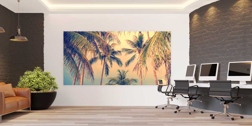 Pastel Gökyüzü Palmiye Ağaçları Tropikal Manzarası Büyük Ebat Duvar Dekor Ürünü 14193