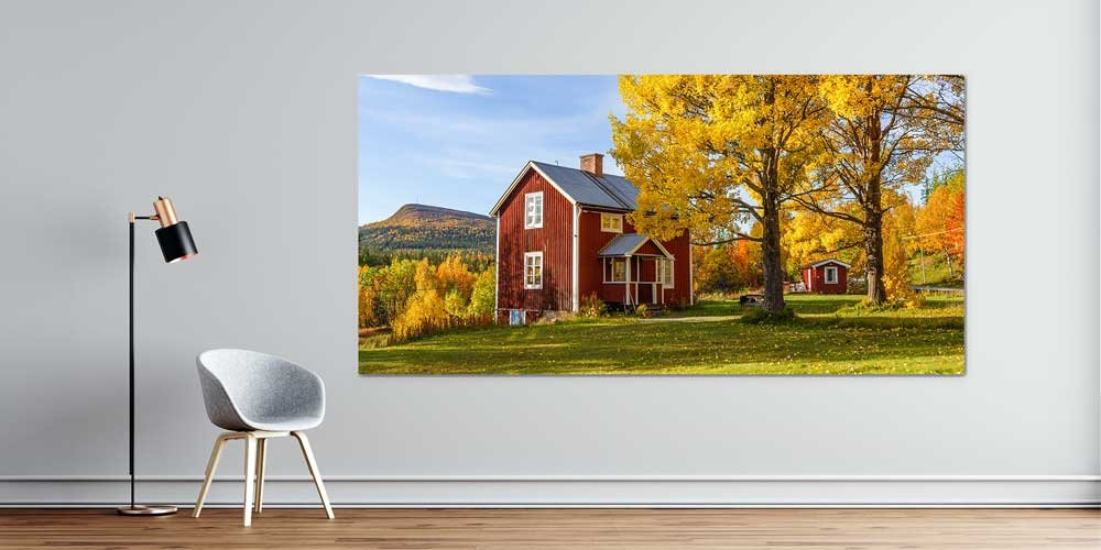 Kırmızı Ahşap Ev Sonbahar Ağaçları Panoramik Büyük Ebat Duvar Dekoru 14228