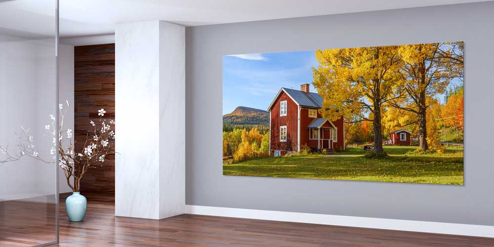 large-size-wall-poster-14228-01 Kırmızı Ahşap Ev Sonbahar Ağaçları Panoramik Büyük Ebat Duvar Dekoru 14228