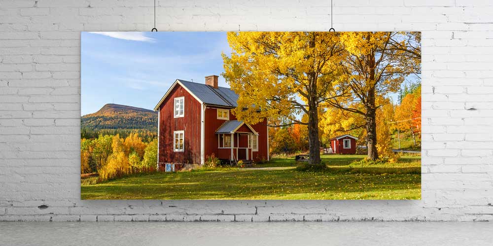 large-size-wall-poster-14228-02 Kırmızı Ahşap Ev Sonbahar Ağaçları Panoramik Büyük Ebat Duvar Dekoru 14228