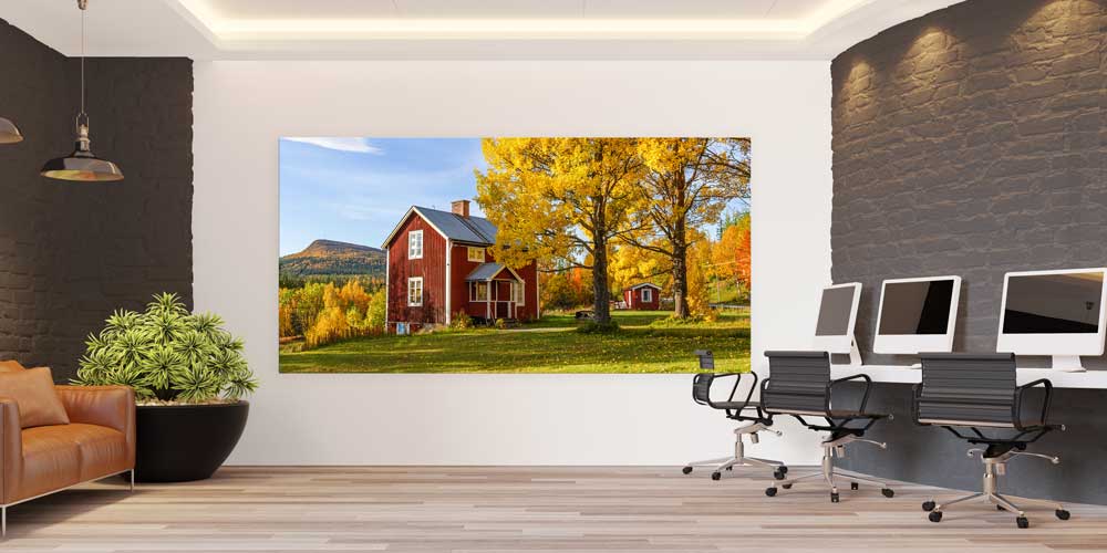 large-size-wall-poster-14228-03 Kırmızı Ahşap Ev Sonbahar Ağaçları Panoramik Büyük Ebat Duvar Dekoru 14228