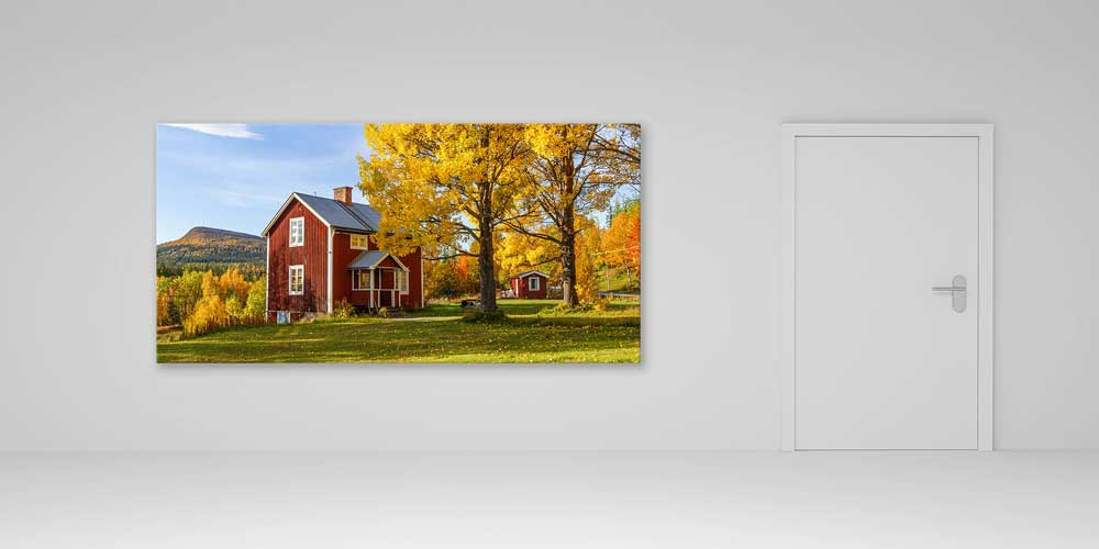 large-size-wall-poster-14228-04 Kırmızı Ahşap Ev Sonbahar Ağaçları Panoramik Büyük Ebat Duvar Dekoru 14228