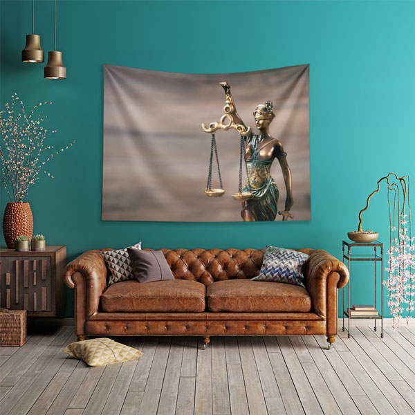 Adalet Heykeli Terazi Figürlü Hukuk Duvar Örtüsü Kumaş Baskı 5312