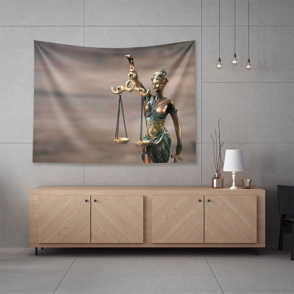 Adalet Heykeli Terazi Figürlü Hukuk Duvar Örtüsü Kumaş Baskı 5312