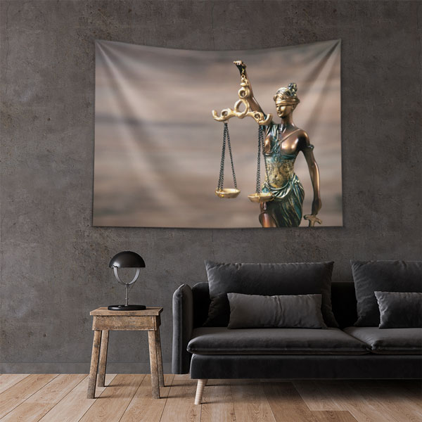 Adalet Heykeli Terazi Figürlü Hukuk Duvar Örtüsü Kumaş Baskı 5312