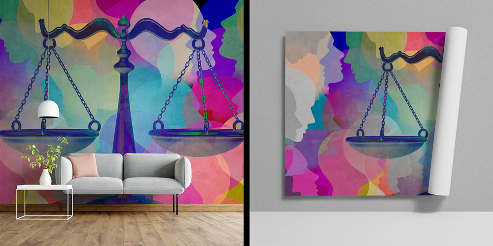 Renkli Siluetler ve Adalet Terazisi Hukuk Duvar Kağıdı – Modern Ofis Tasarımı 5290