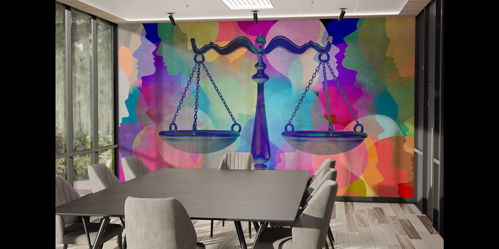 Renkli Siluetler ve Adalet Terazisi Hukuk Duvar Kağıdı – Modern Ofis Tasarımı 5290