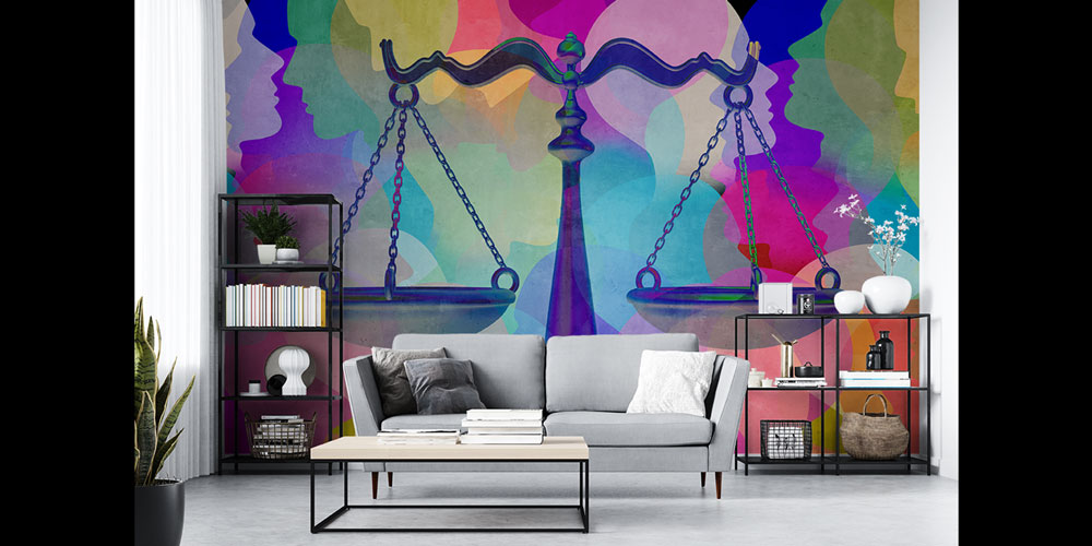 Renkli Siluetler ve Adalet Terazisi Hukuk Duvar Kağıdı – Modern Ofis Tasarımı 5290
