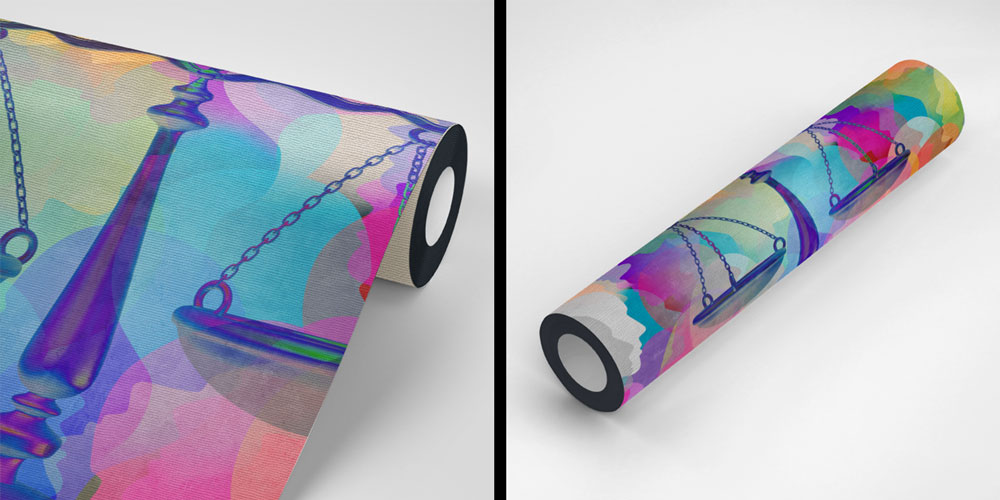 Renkli Siluetler ve Adalet Terazisi Hukuk Duvar Kağıdı – Modern Ofis Tasarımı 5290