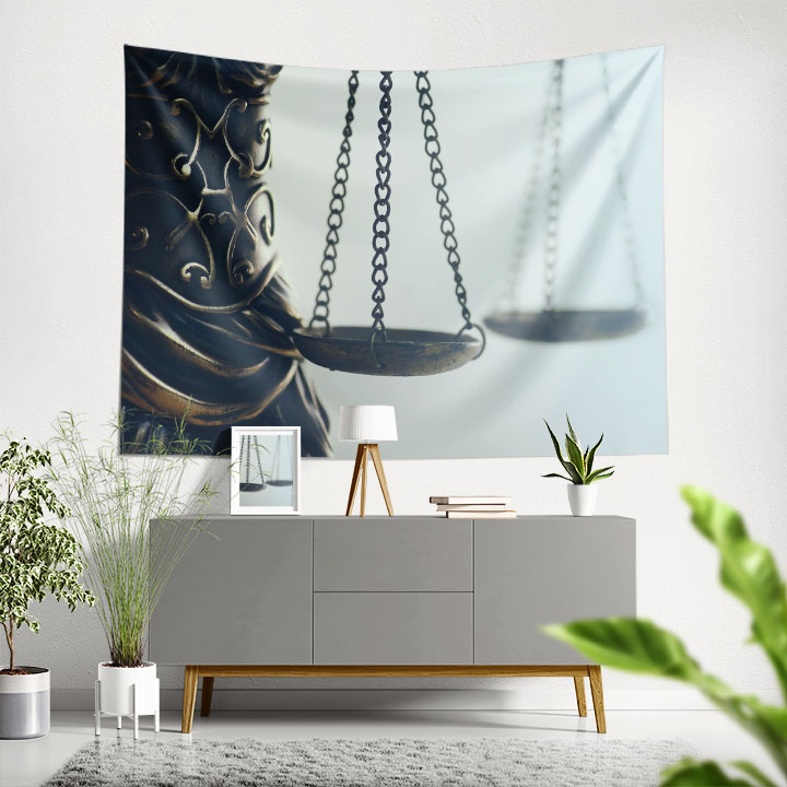 lawyer-office-wall-decor-5311-00 Adalet Heykeli Terazi Detaylı Hukuk Duvar Örtüsü Kumaş Baskı 5311