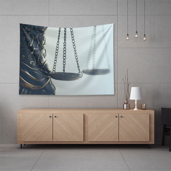 lawyer-office-wall-decor-5311-03 Adalet Heykeli Terazi Detaylı Hukuk Duvar Örtüsü Kumaş Baskı 5311
