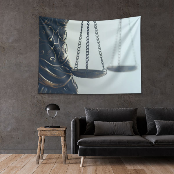 lawyer-office-wall-decor-5311-04 Adalet Heykeli Terazi Detaylı Hukuk Duvar Örtüsü Kumaş Baskı 5311