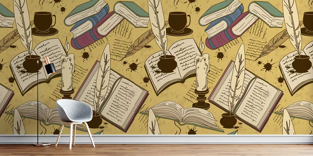 Eski Kitaplar ve Tüy Kalem Desenli Duvar Kağıdı - Edebiyat Temalı Duvar Dekoru 1016