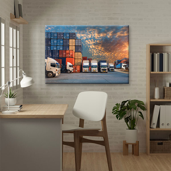 lojistik-duvar-tablo-5334-03 Konteyner ve Tırlarla Lojistik Temalı Kanvas Duvar Tablosu – 5334