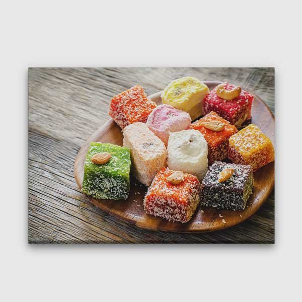lokum-duvar-tablo-12164-00 Renkli Lokum Tasarımlı Ahşap Tabaklı Kafe Duvar Tablosu Kanvas – 12164