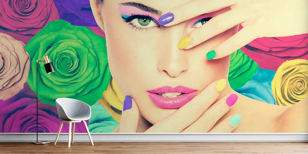 manicure-shop-wall-decor-5708-0 Renkli Gül ve Makyaj Temalı Kadın Portreli Güzellik Salonu Duvar Kağıdı 5708