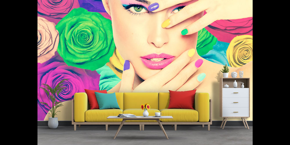 manicure-shop-wall-decor-5708-01 Renkli Gül ve Makyaj Temalı Kadın Portreli Güzellik Salonu Duvar Kağıdı 5708