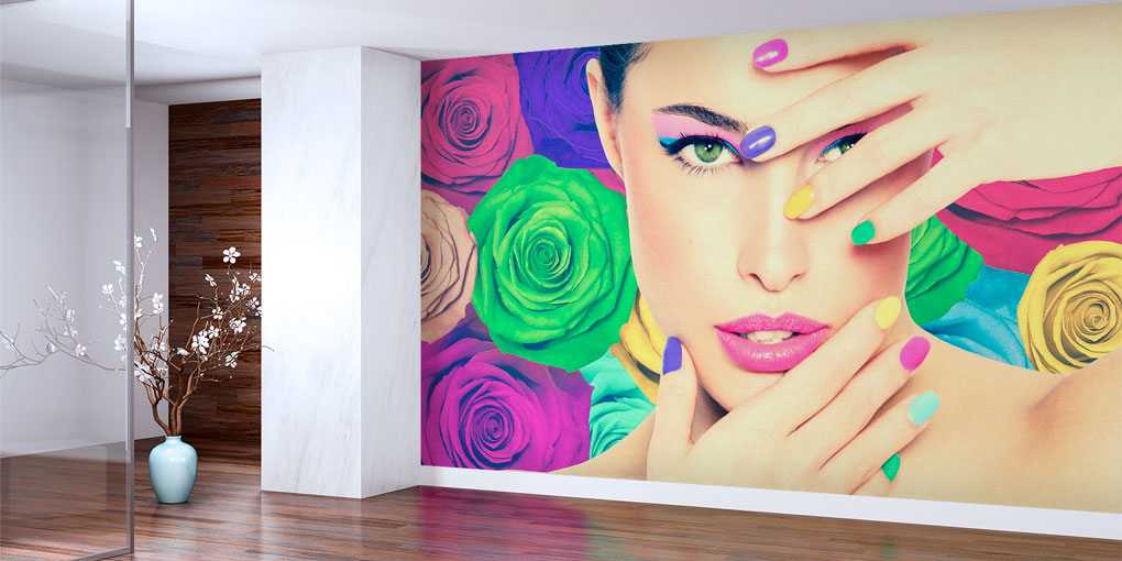 manicure-shop-wall-decor-5708-02 Renkli Gül ve Makyaj Temalı Kadın Portreli Güzellik Salonu Duvar Kağıdı 5708