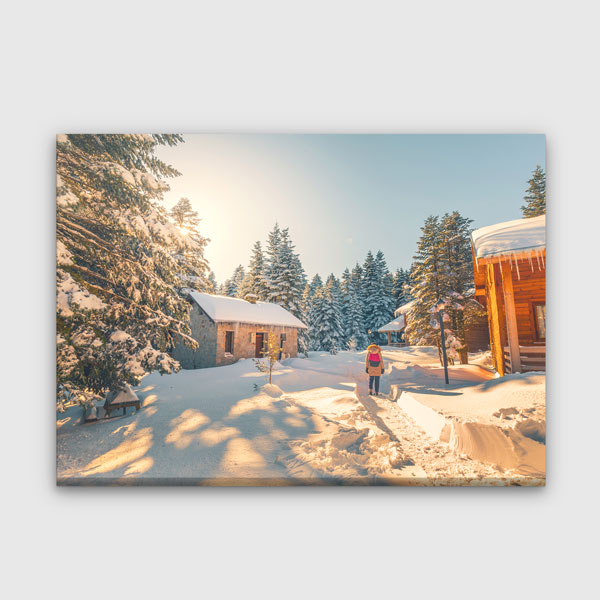 Karlı Orman ve Ahşap Evler Kış Manzarası Kanvas Tablo 12081