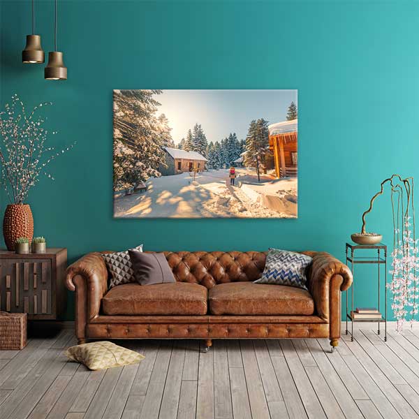 Karlı Orman ve Ahşap Evler Kış Manzarası Kanvas Tablo 12081