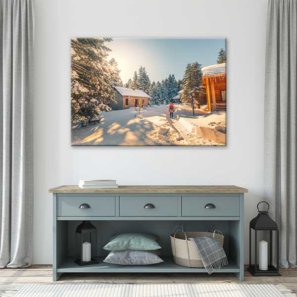 Karlı Orman ve Ahşap Evler Kış Manzarası Kanvas Tablo 12081