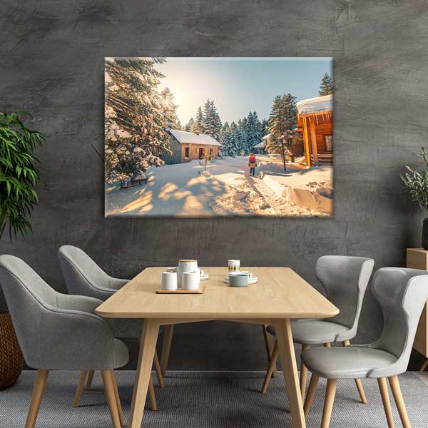 Karlı Orman ve Ahşap Evler Kış Manzarası Kanvas Tablo 12081