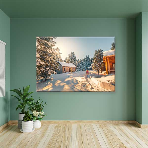 Karlı Orman ve Ahşap Evler Kış Manzarası Kanvas Tablo 12081