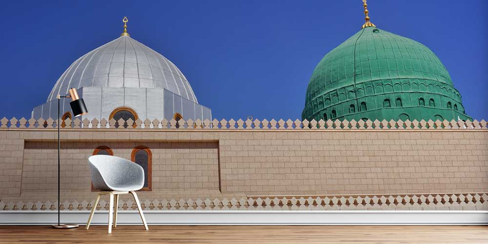 Medine Yeşil ve Beyaz Kubbe Desenli İslami Duvar Kağıdı 10484