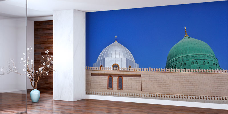 Medine Yeşil ve Beyaz Kubbe Desenli İslami Duvar Kağıdı 10484