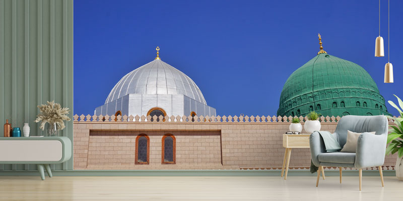 Medine Yeşil ve Beyaz Kubbe Desenli İslami Duvar Kağıdı 10484