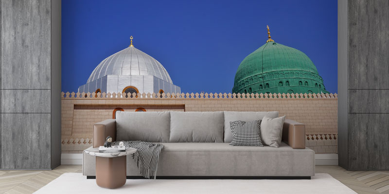 Medine Yeşil ve Beyaz Kubbe Desenli İslami Duvar Kağıdı 10484