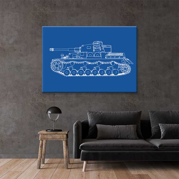 Mavi Zemin Üzerine Tank Çizimi Kanvas Tablo (Blueprint Stili) – 11250