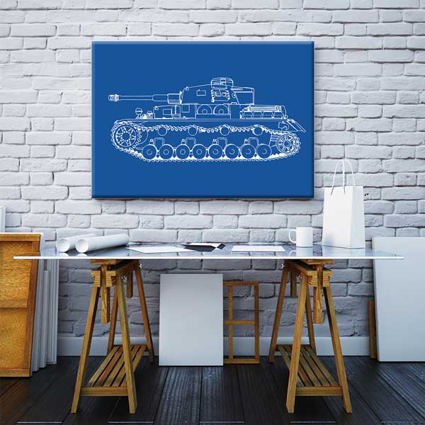 Mavi Zemin Üzerine Tank Çizimi Kanvas Tablo (Blueprint Stili) – 11250