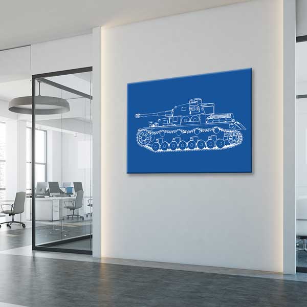 Mavi Zemin Üzerine Tank Çizimi Kanvas Tablo (Blueprint Stili) – 11250