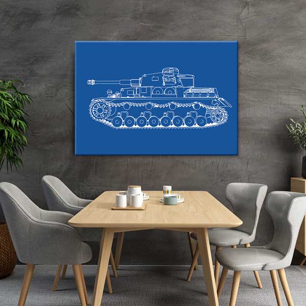 Mavi Zemin Üzerine Tank Çizimi Kanvas Tablo (Blueprint Stili) – 11250