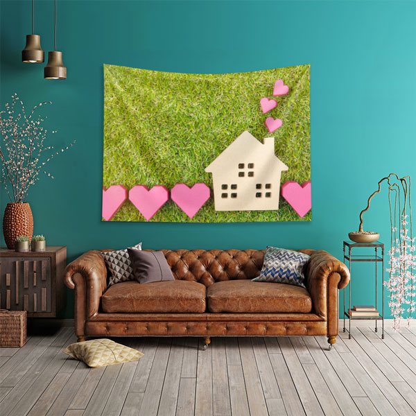 mimari-duvar-dekor-5589-01 Ev ve Kalp Figürlü Yeşil Zemin Duvar Örtüsü Kumaş Baskı 5589