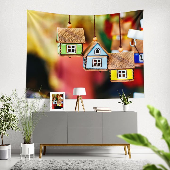 Renkli Ev Maketleri Temalı Dekoratif Duvar Örtüsü Kumaş Baskı 5593