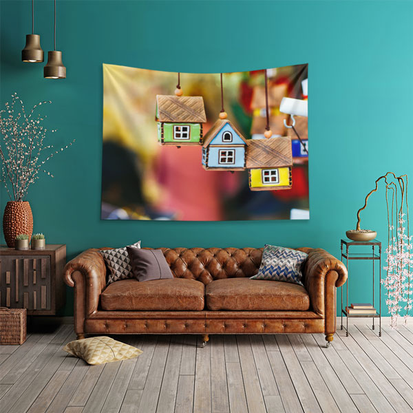 mimari-ofis-duvar-dekor-5593-01 Renkli Ev Maketleri Temalı Dekoratif Duvar Örtüsü Kumaş Baskı 5593