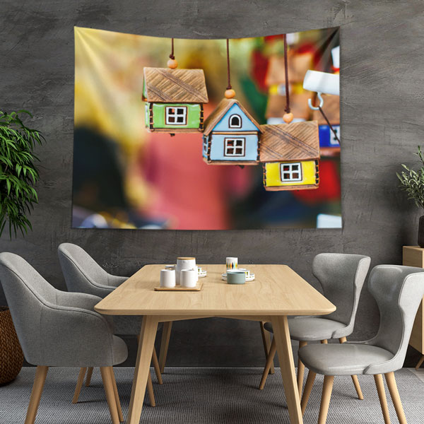 mimari-ofis-duvar-dekor-5593-02 Renkli Ev Maketleri Temalı Dekoratif Duvar Örtüsü Kumaş Baskı 5593