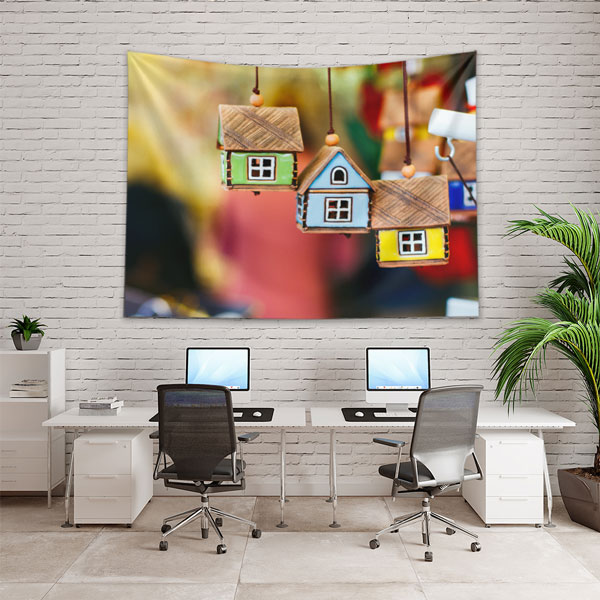 mimari-ofis-duvar-dekor-5593-04 Renkli Ev Maketleri Temalı Dekoratif Duvar Örtüsü Kumaş Baskı 5593