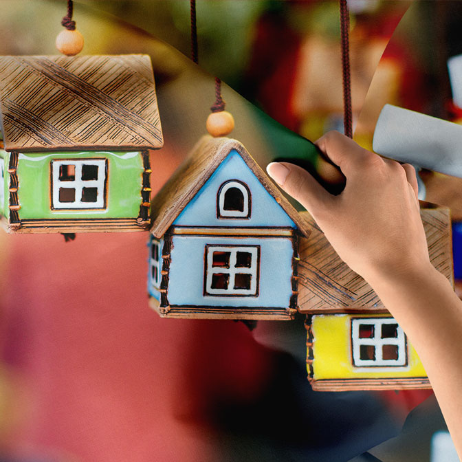 mimari-ofis-duvar-dekor-5593-05 Renkli Ev Maketleri Temalı Dekoratif Duvar Örtüsü Kumaş Baskı 5593