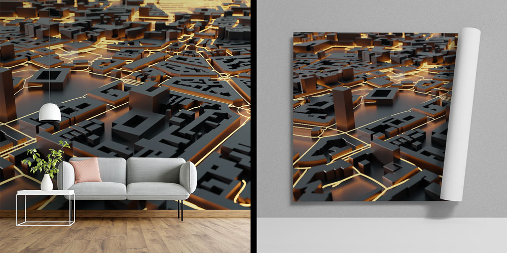 3D Siyah Altın Şehir Haritası Duvar Kağıdı 5576